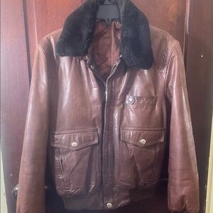 Men's Classic Brown Leather Jacket with Black Fur Collar